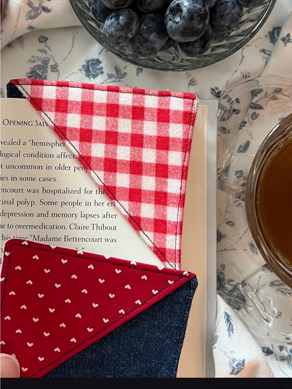 Handmade Red Heart Gingham Denim Corner Bookmark Set of 2